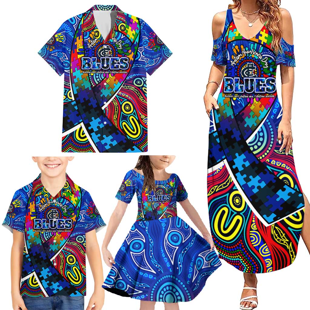 Autism Awareness Australia Carlton Blues Family Matching Summer Maxi Dress and Hawaiian Shirt Aboriginal Indigenous Art