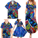 Autism Awareness Australia Carlton Blues Family Matching Summer Maxi Dress and Hawaiian Shirt Aboriginal Indigenous Art