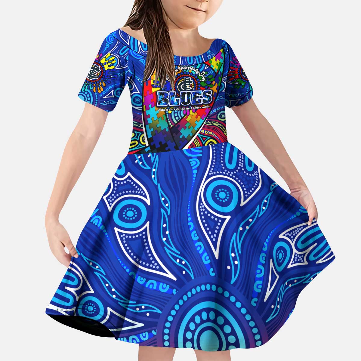 Autism Awareness Australia Carlton Blues Kid Short Sleeve Dress Aboriginal Indigenous Art