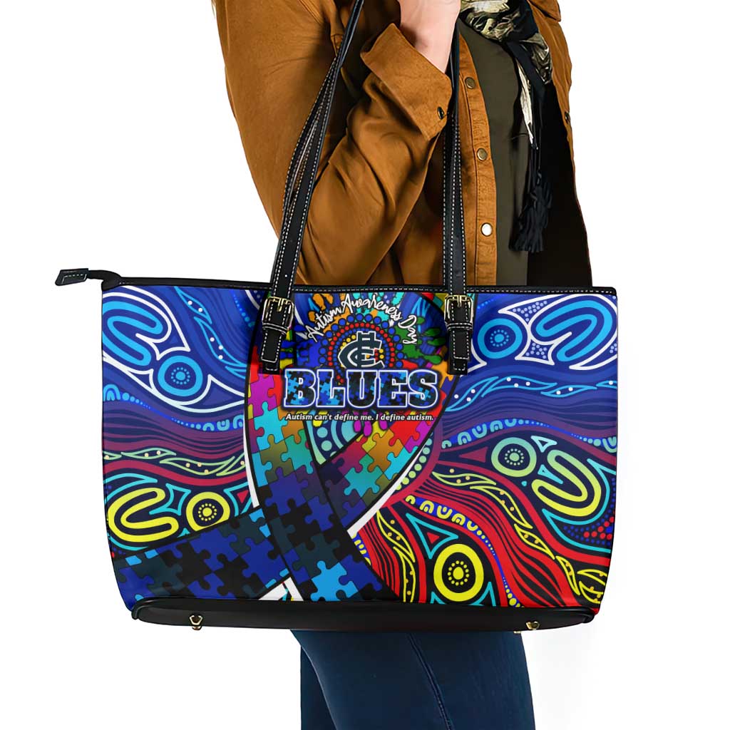 Autism Awareness Australia Carlton Blues Leather Tote Bag Aboriginal Indigenous Art