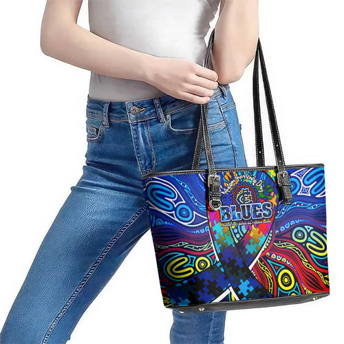 Autism Awareness Australia Carlton Blues Leather Tote Bag Aboriginal Indigenous Art