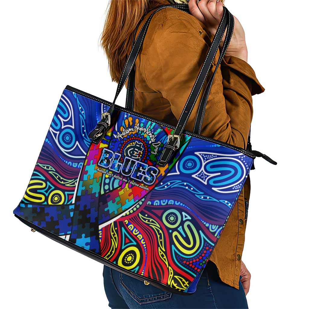 Autism Awareness Australia Carlton Blues Leather Tote Bag Aboriginal Indigenous Art