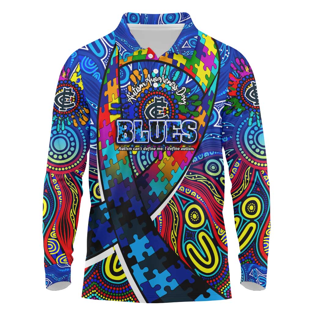 Autism Awareness Australia Carlton Blues Long Sleeve Polo Shirt Aboriginal Indigenous Art