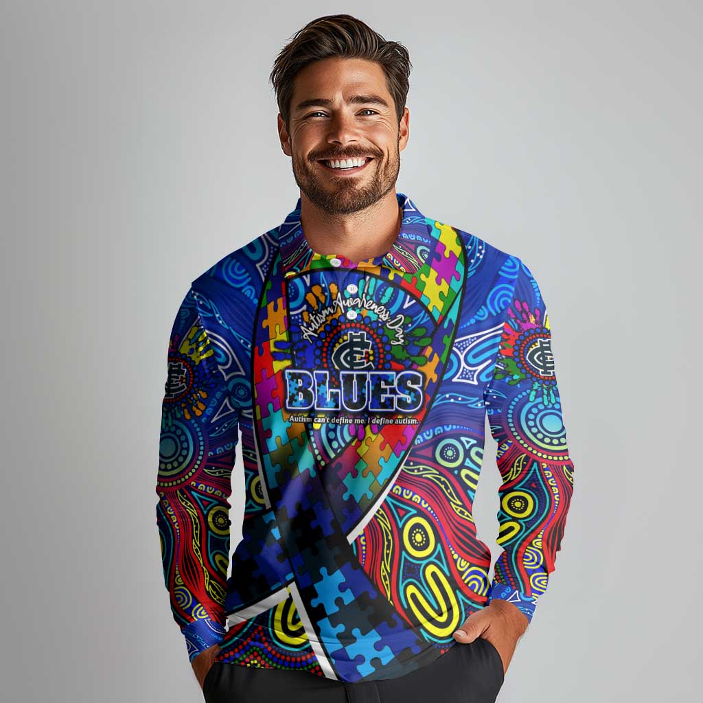 Autism Awareness Australia Carlton Blues Long Sleeve Polo Shirt Aboriginal Indigenous Art