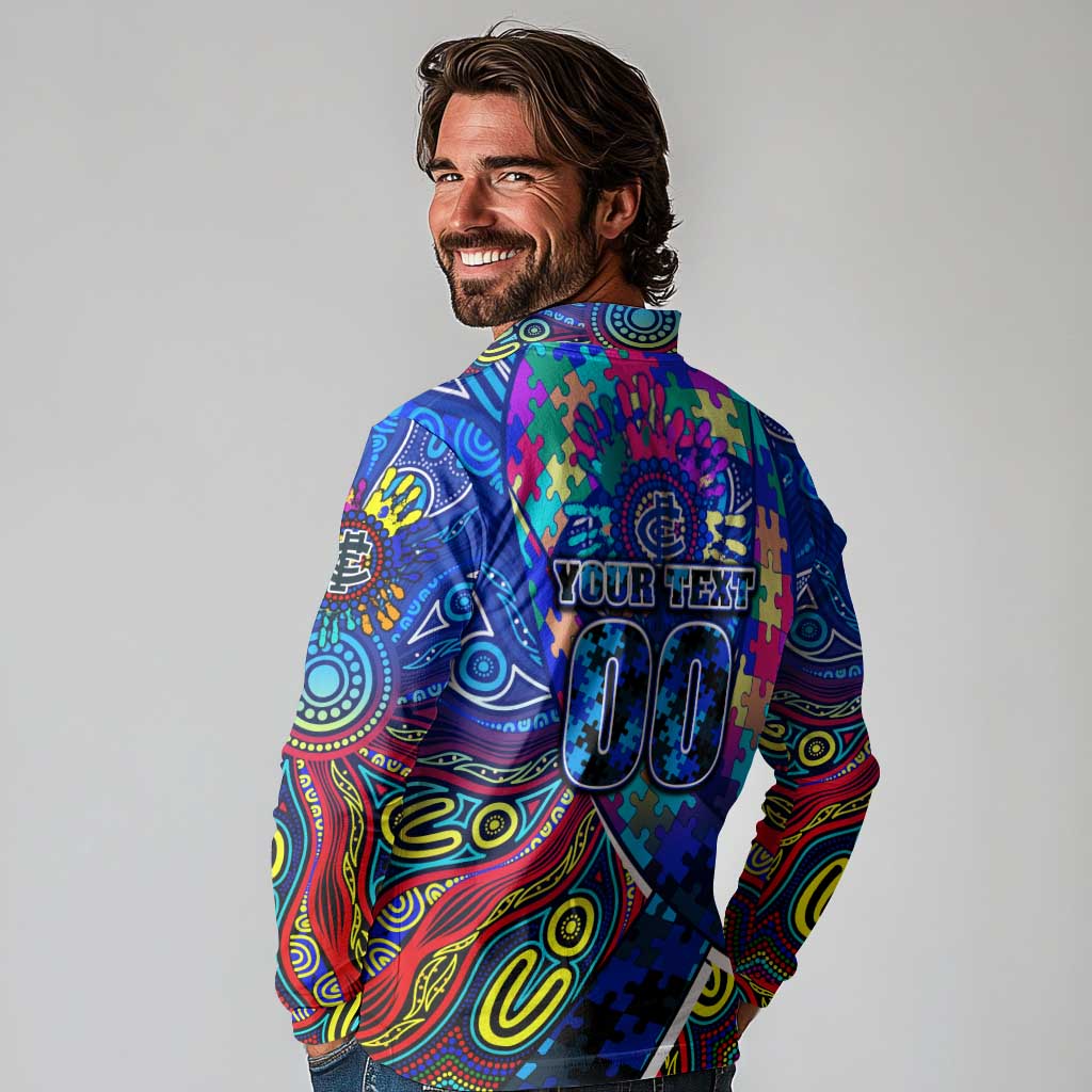 Autism Awareness Australia Carlton Blues Long Sleeve Polo Shirt Aboriginal Indigenous Art