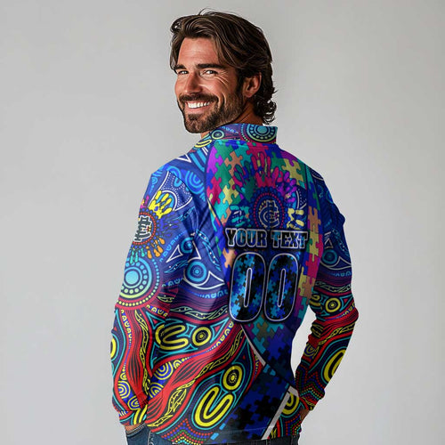 Autism Awareness Australia Carlton Blues Long Sleeve Polo Shirt Aboriginal Indigenous Art