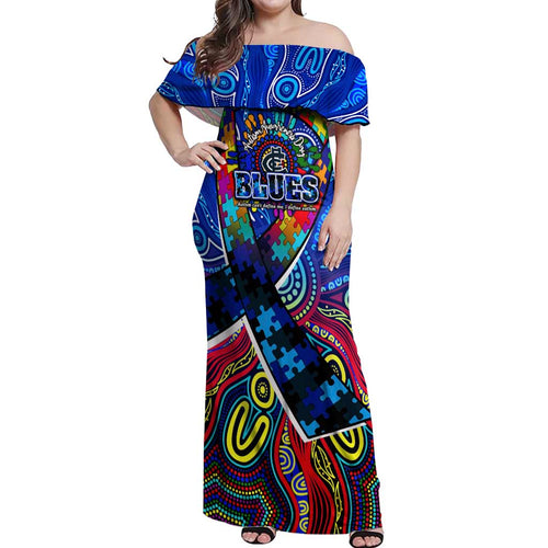 Autism Awareness Australia Carlton Blues Off Shoulder Maxi Dress Aboriginal Indigenous Art
