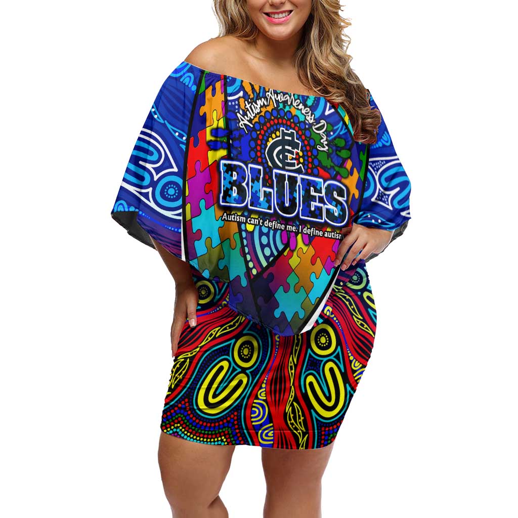 Autism Awareness Australia Carlton Blues Off Shoulder Short Dress Aboriginal Indigenous Art