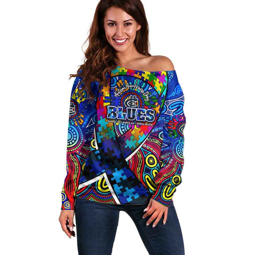 Autism Awareness Australia Carlton Blues Off Shoulder Sweater Aboriginal Indigenous Art