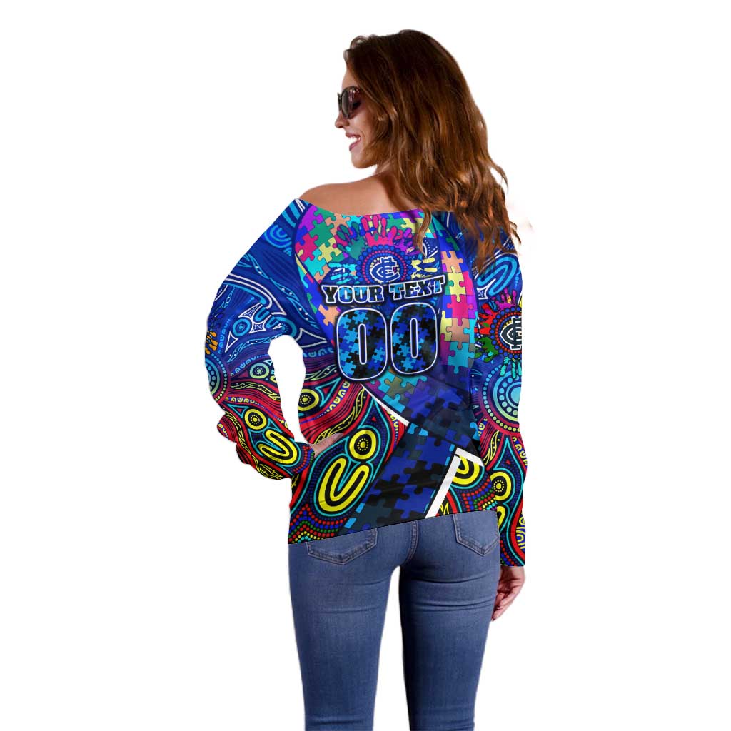 Autism Awareness Australia Carlton Blues Off Shoulder Sweater Aboriginal Indigenous Art
