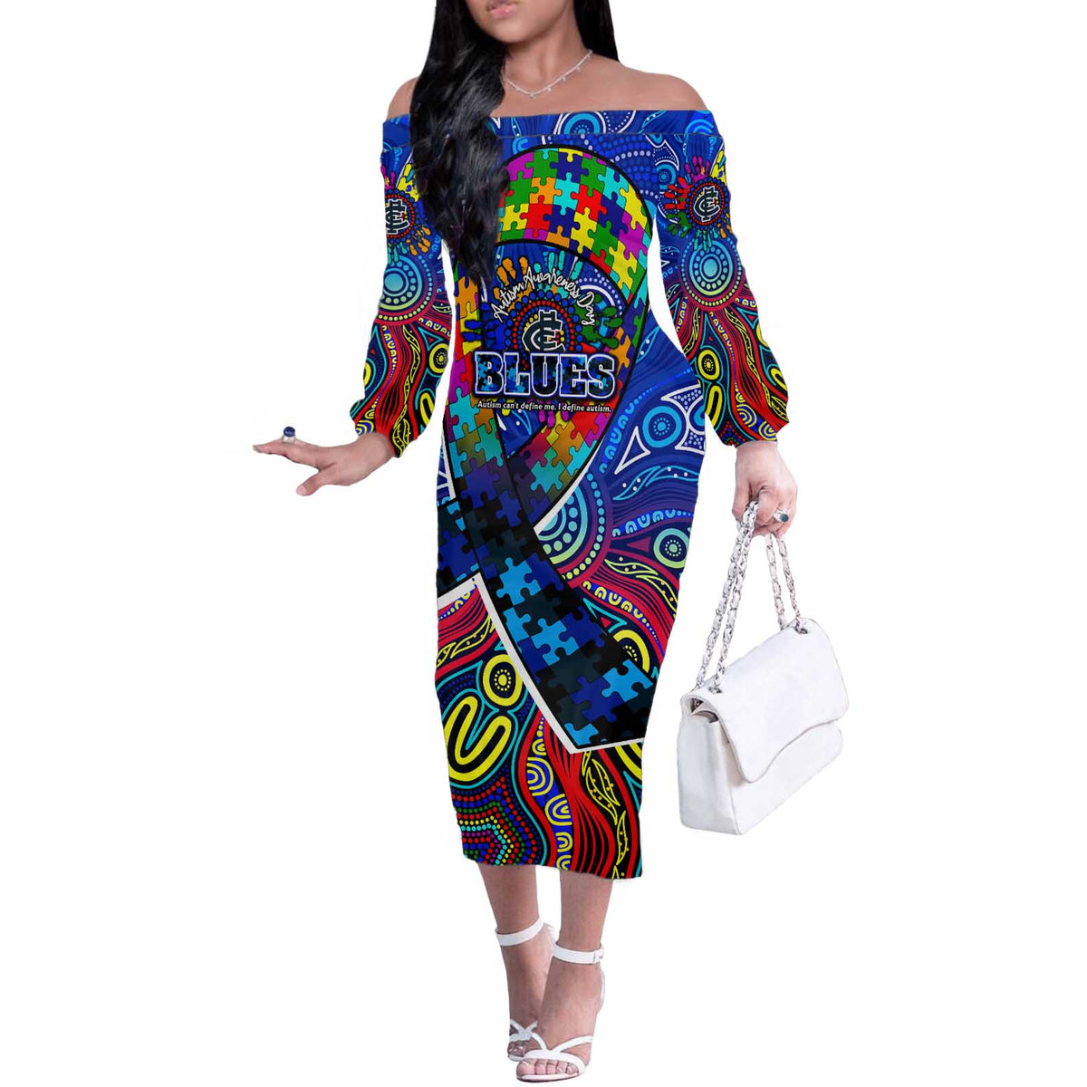 Autism Awareness Australia Carlton Blues Off The Shoulder Long Sleeve Dress Aboriginal Indigenous Art