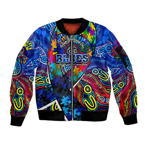 Autism Awareness Australia Carlton Blues Sleeve Zip Bomber Jacket Aboriginal Indigenous Art