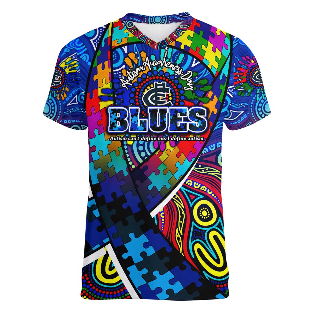 Autism Awareness Australia Carlton Blues Women V-Neck T-Shirt Aboriginal Indigenous Art