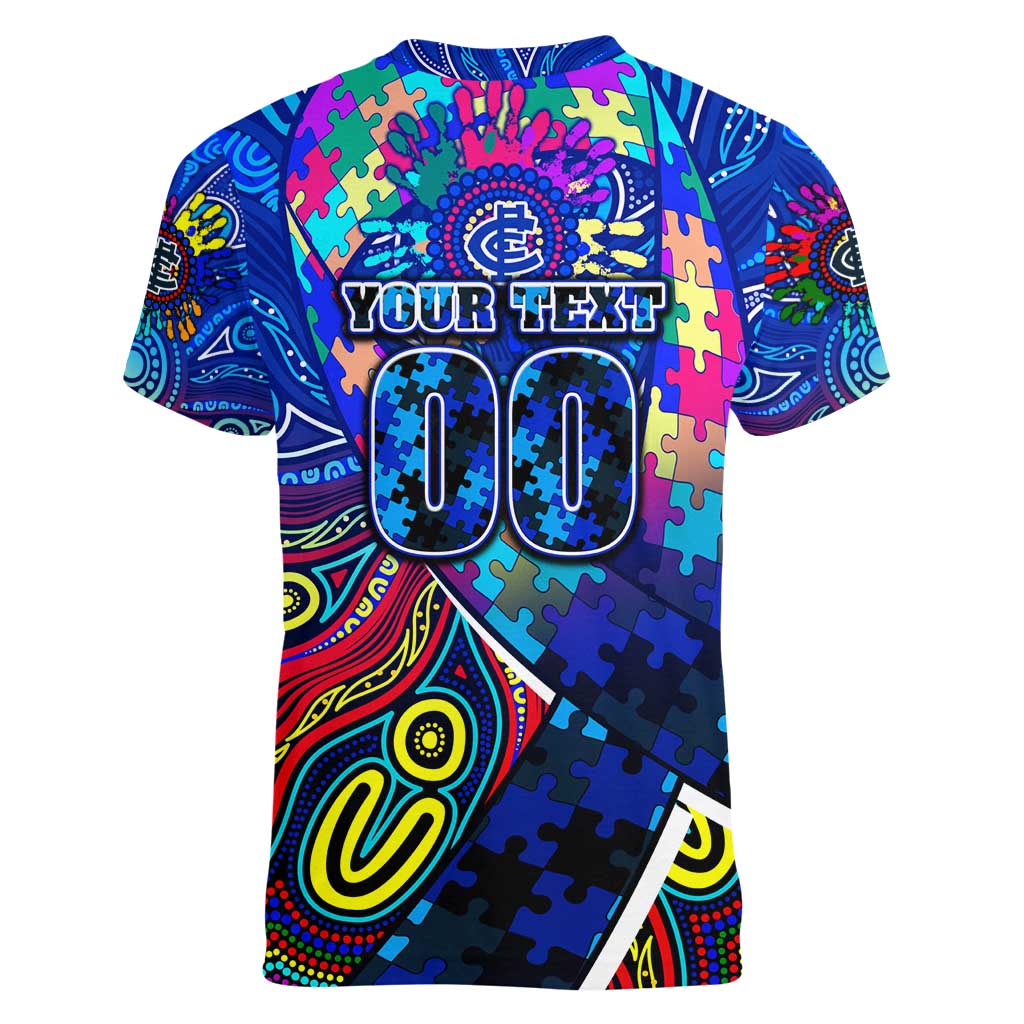 Autism Awareness Australia Carlton Blues Women V-Neck T-Shirt Aboriginal Indigenous Art