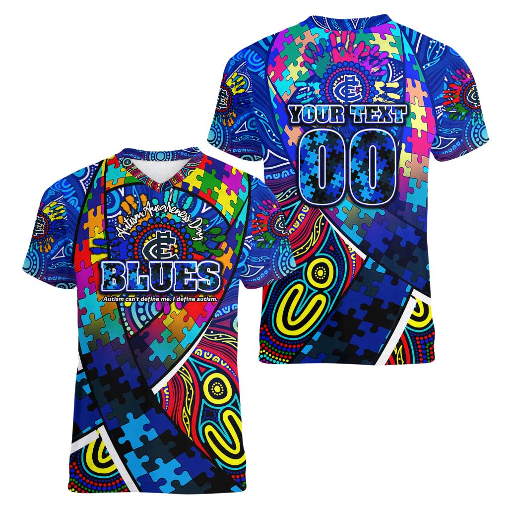 Autism Awareness Australia Carlton Blues Women V-Neck T-Shirt Aboriginal Indigenous Art