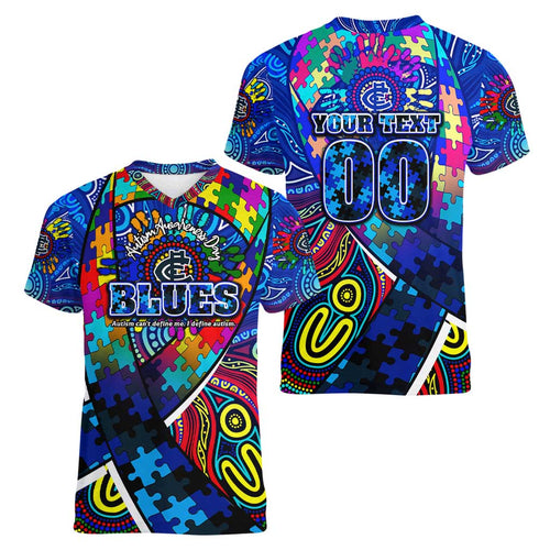Autism Awareness Australia Carlton Blues Women V-Neck T-Shirt Aboriginal Indigenous Art