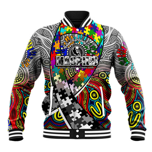Autism Awareness Australia Collingwood Magpies Baseball Jacket Aboriginal Indigenous Art