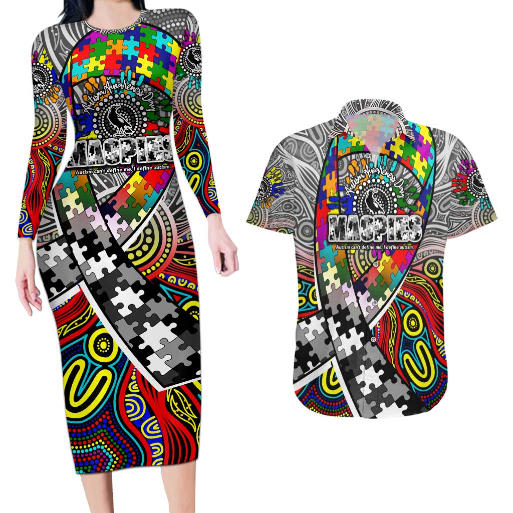 Autism Awareness Australia Collingwood Magpies Couples Matching Long Sleeve Bodycon Dress and Hawaiian Shirt Aboriginal Indigenous Art