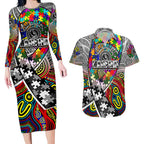 Autism Awareness Australia Collingwood Magpies Couples Matching Long Sleeve Bodycon Dress and Hawaiian Shirt Aboriginal Indigenous Art