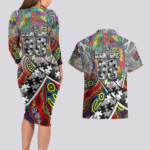 Autism Awareness Australia Collingwood Magpies Couples Matching Long Sleeve Bodycon Dress and Hawaiian Shirt Aboriginal Indigenous Art