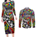 Autism Awareness Australia Collingwood Magpies Couples Matching Long Sleeve Bodycon Dress and Long Sleeve Button Shirt Aboriginal Indigenous Art