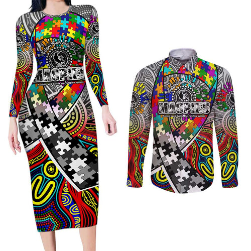Autism Awareness Australia Collingwood Magpies Couples Matching Long Sleeve Bodycon Dress and Long Sleeve Button Shirt Aboriginal Indigenous Art
