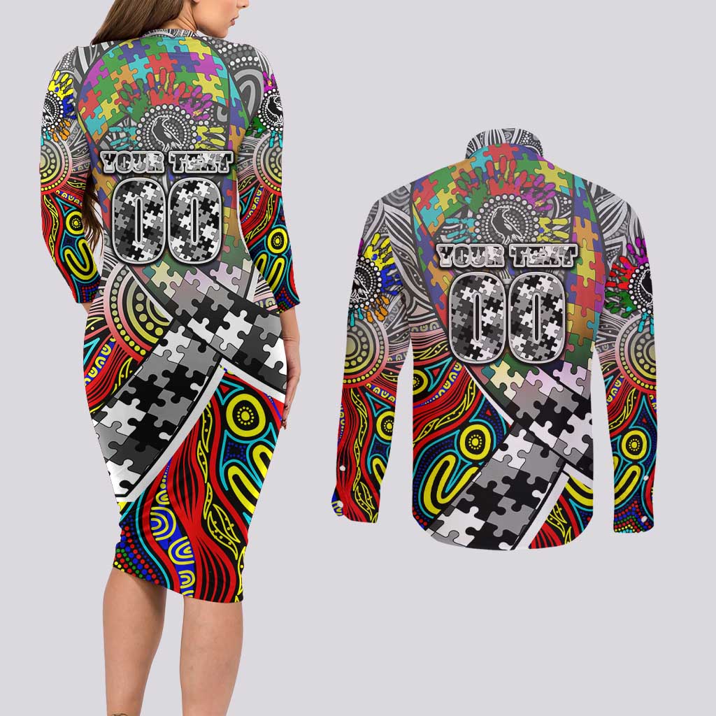 Autism Awareness Australia Collingwood Magpies Couples Matching Long Sleeve Bodycon Dress and Long Sleeve Button Shirt Aboriginal Indigenous Art
