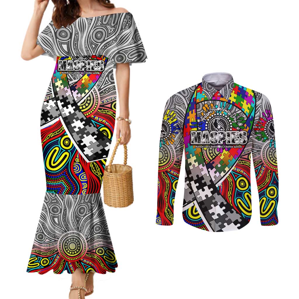 Autism Awareness Australia Collingwood Magpies Couples Matching Mermaid Dress and Long Sleeve Button Shirt Aboriginal Indigenous Art