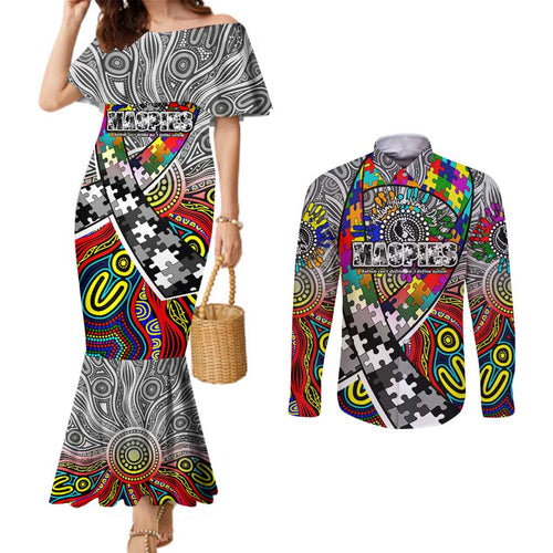 Autism Awareness Australia Collingwood Magpies Couples Matching Mermaid Dress and Long Sleeve Button Shirt Aboriginal Indigenous Art