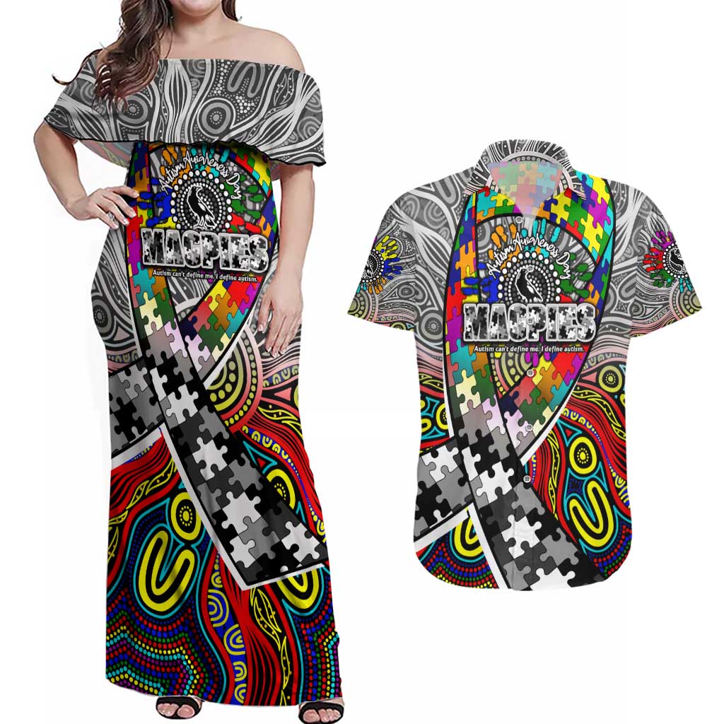 Autism Awareness Australia Collingwood Magpies Couples Matching Off Shoulder Maxi Dress and Hawaiian Shirt Aboriginal Indigenous Art