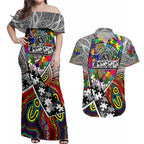 Autism Awareness Australia Collingwood Magpies Couples Matching Off Shoulder Maxi Dress and Hawaiian Shirt Aboriginal Indigenous Art