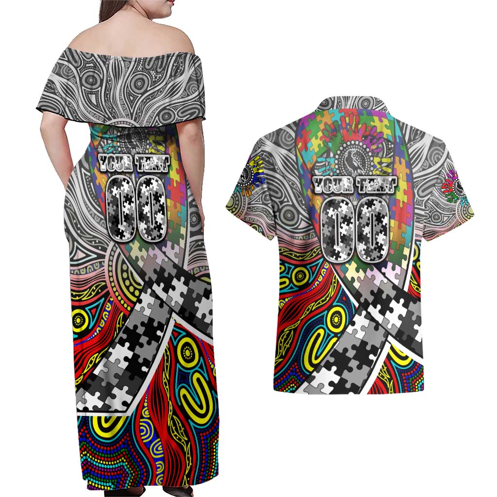 Autism Awareness Australia Collingwood Magpies Couples Matching Off Shoulder Maxi Dress and Hawaiian Shirt Aboriginal Indigenous Art