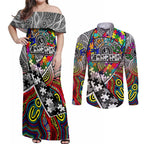 Autism Awareness Australia Collingwood Magpies Couples Matching Off Shoulder Maxi Dress and Long Sleeve Button Shirt Aboriginal Indigenous Art