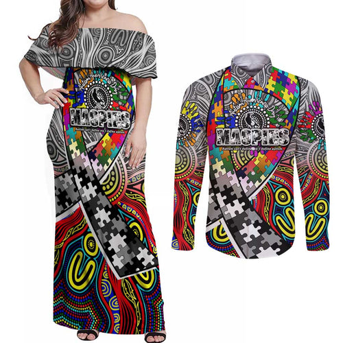 Autism Awareness Australia Collingwood Magpies Couples Matching Off Shoulder Maxi Dress and Long Sleeve Button Shirt Aboriginal Indigenous Art