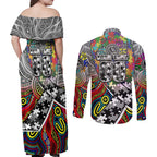 Autism Awareness Australia Collingwood Magpies Couples Matching Off Shoulder Maxi Dress and Long Sleeve Button Shirt Aboriginal Indigenous Art