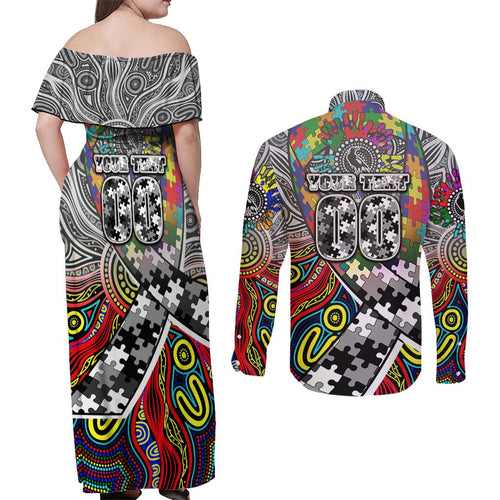 Autism Awareness Australia Collingwood Magpies Couples Matching Off Shoulder Maxi Dress and Long Sleeve Button Shirt Aboriginal Indigenous Art