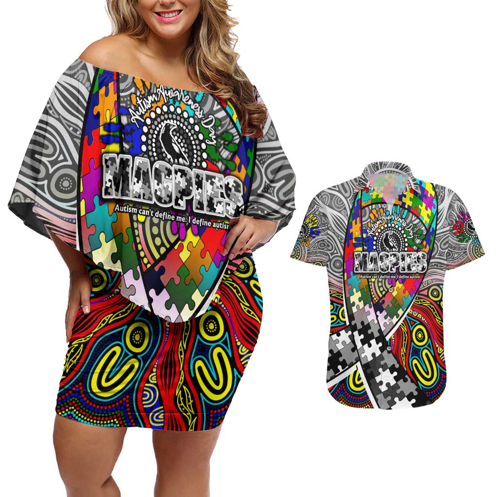 Autism Awareness Australia Collingwood Magpies Couples Matching Off Shoulder Short Dress and Hawaiian Shirt Aboriginal Indigenous Art