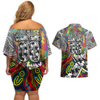 Autism Awareness Australia Collingwood Magpies Couples Matching Off Shoulder Short Dress and Hawaiian Shirt Aboriginal Indigenous Art