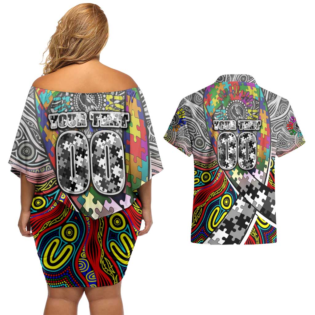 Autism Awareness Australia Collingwood Magpies Couples Matching Off Shoulder Short Dress and Hawaiian Shirt Aboriginal Indigenous Art