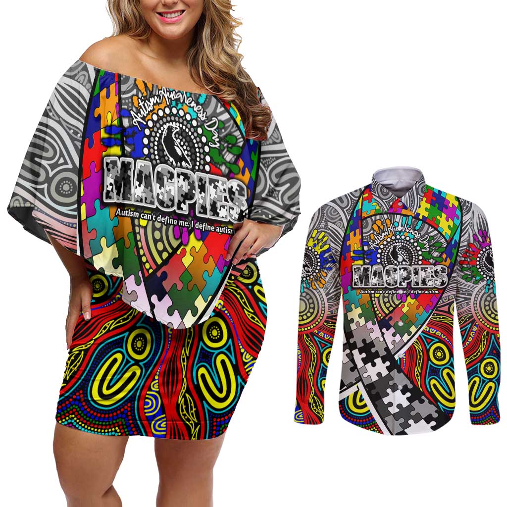 Autism Awareness Australia Collingwood Magpies Couples Matching Off Shoulder Short Dress and Long Sleeve Button Shirt Aboriginal Indigenous Art