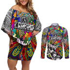 Autism Awareness Australia Collingwood Magpies Couples Matching Off Shoulder Short Dress and Long Sleeve Button Shirt Aboriginal Indigenous Art
