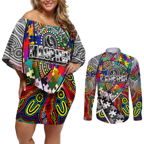 Autism Awareness Australia Collingwood Magpies Couples Matching Off Shoulder Short Dress and Long Sleeve Button Shirt Aboriginal Indigenous Art