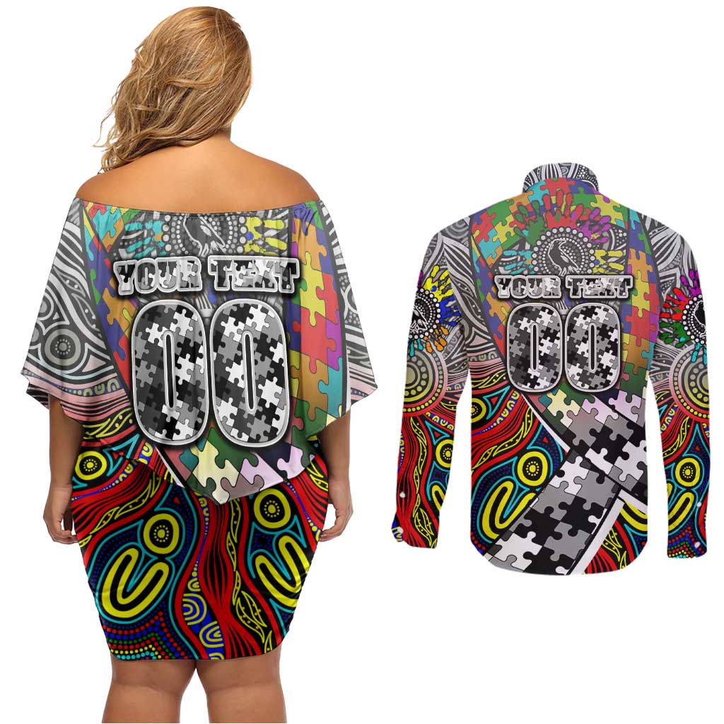 Autism Awareness Australia Collingwood Magpies Couples Matching Off Shoulder Short Dress and Long Sleeve Button Shirt Aboriginal Indigenous Art