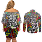 Autism Awareness Australia Collingwood Magpies Couples Matching Off Shoulder Short Dress and Long Sleeve Button Shirt Aboriginal Indigenous Art