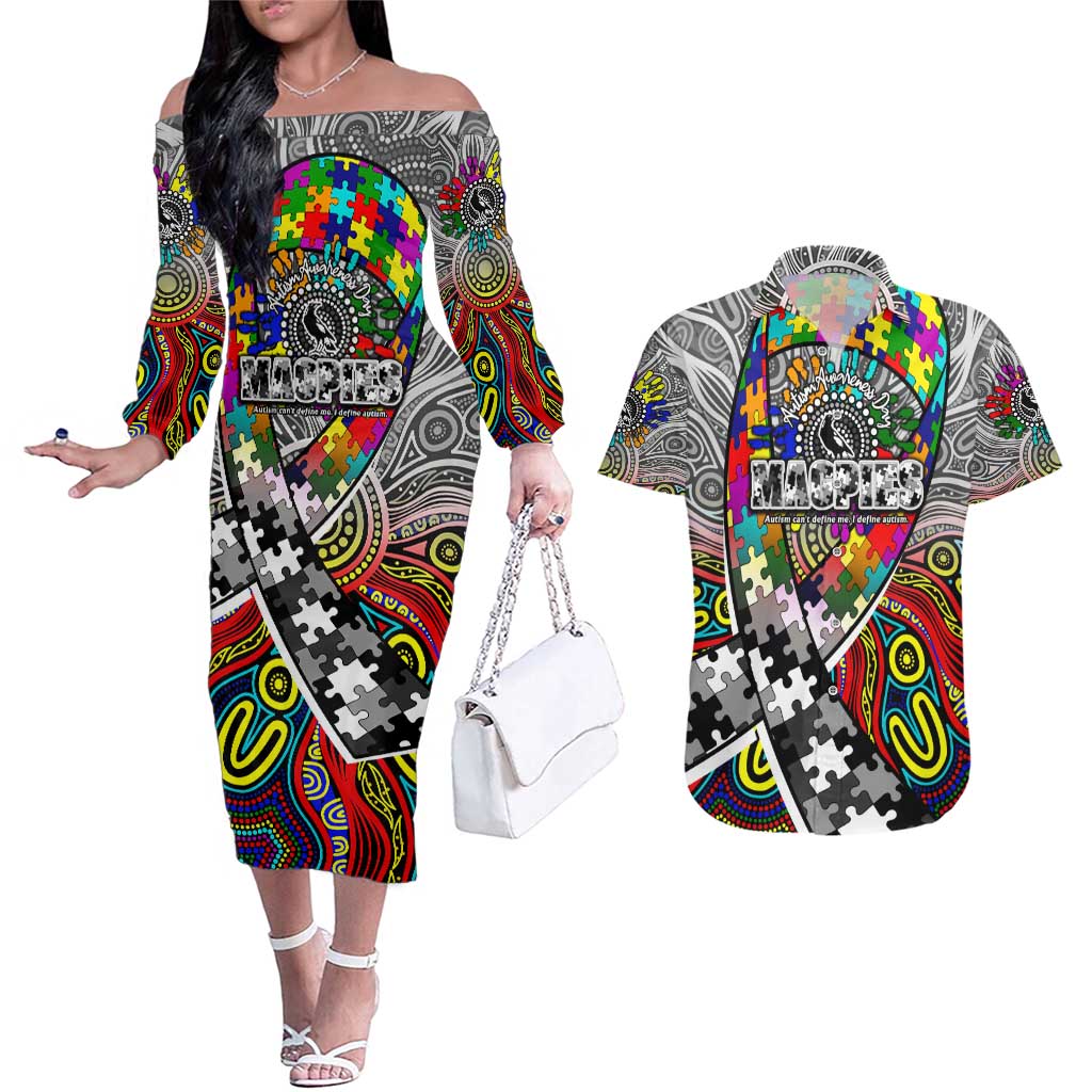 Autism Awareness Australia Collingwood Magpies Couples Matching Off The Shoulder Long Sleeve Dress and Hawaiian Shirt Aboriginal Indigenous Art