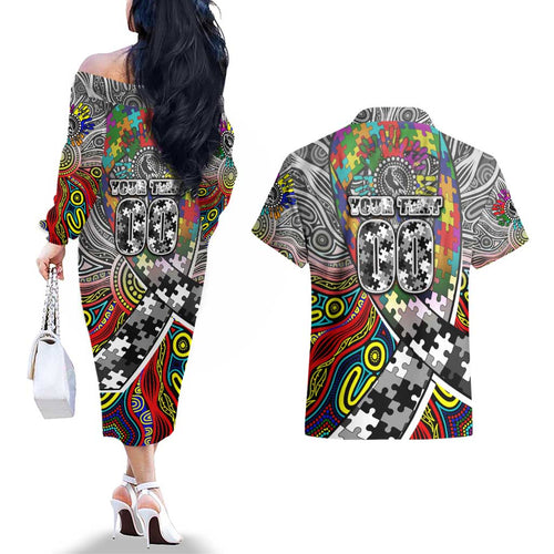 Autism Awareness Australia Collingwood Magpies Couples Matching Off The Shoulder Long Sleeve Dress and Hawaiian Shirt Aboriginal Indigenous Art