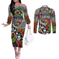 Autism Awareness Australia Collingwood Magpies Couples Matching Off The Shoulder Long Sleeve Dress and Long Sleeve Button Shirt Aboriginal Indigenous Art
