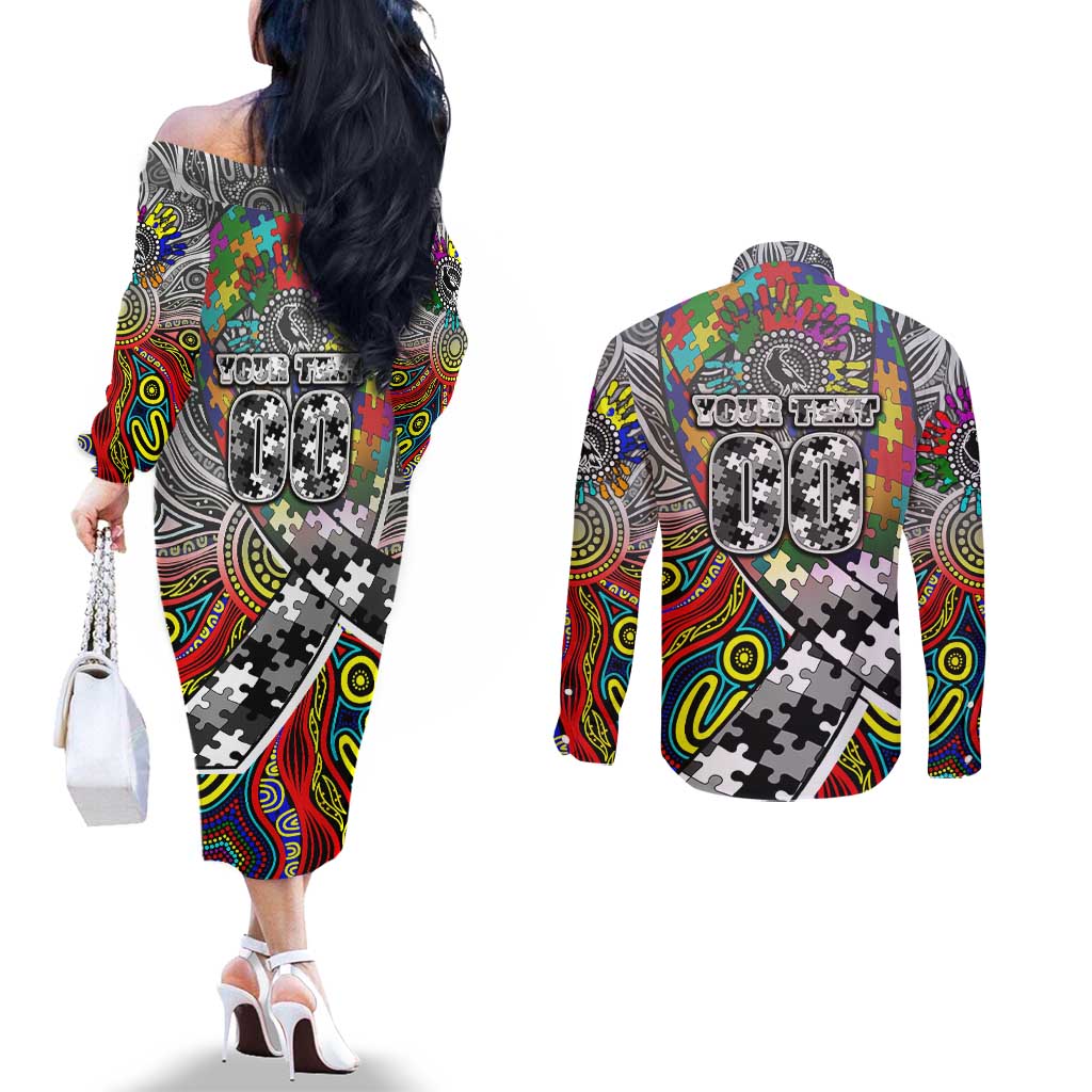 Autism Awareness Australia Collingwood Magpies Couples Matching Off The Shoulder Long Sleeve Dress and Long Sleeve Button Shirt Aboriginal Indigenous Art