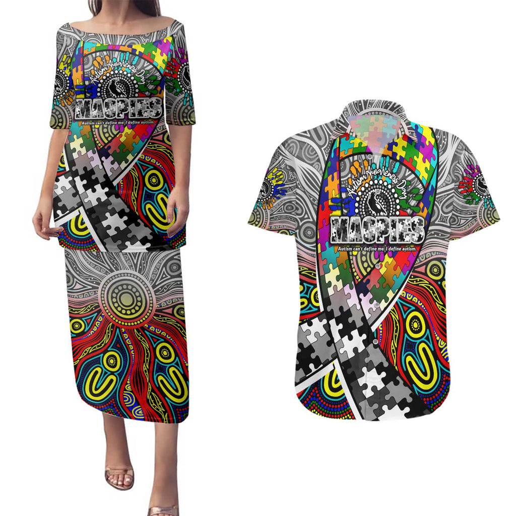 Autism Awareness Australia Collingwood Magpies Couples Matching Puletasi and Hawaiian Shirt Aboriginal Indigenous Art