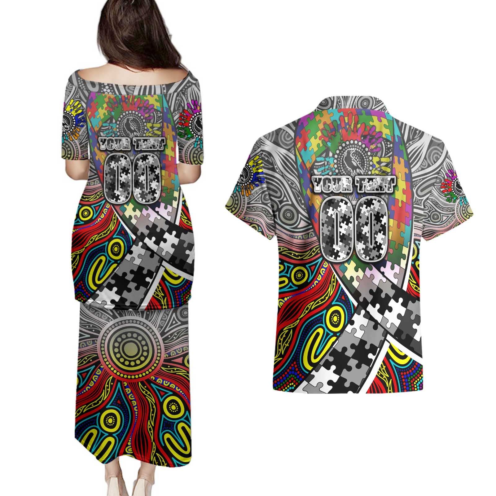 Autism Awareness Australia Collingwood Magpies Couples Matching Puletasi and Hawaiian Shirt Aboriginal Indigenous Art